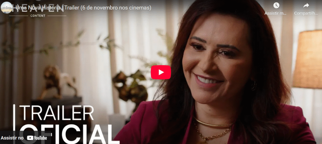 Angela Sirino em Uma Nova História, filme que marca sua estreia como diretora e protagonista no cinema cristão brasileiro, abordando temas de cura emocional e superação através da fé.